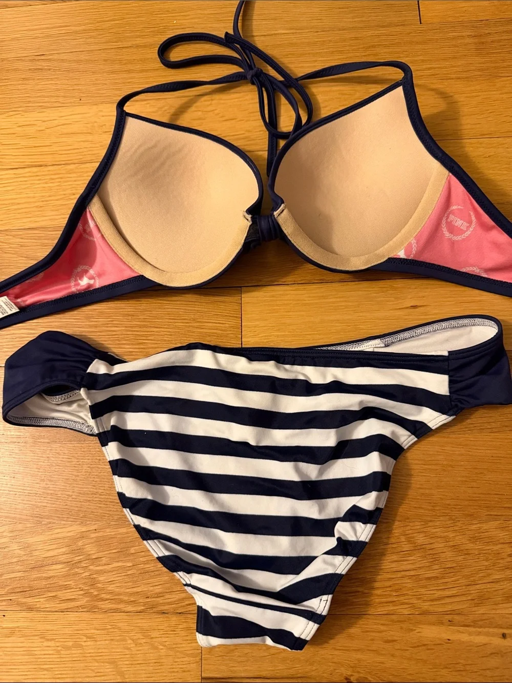 Navy Halter Push-Up Bikini Top with Striped Bottom - Women Swim
